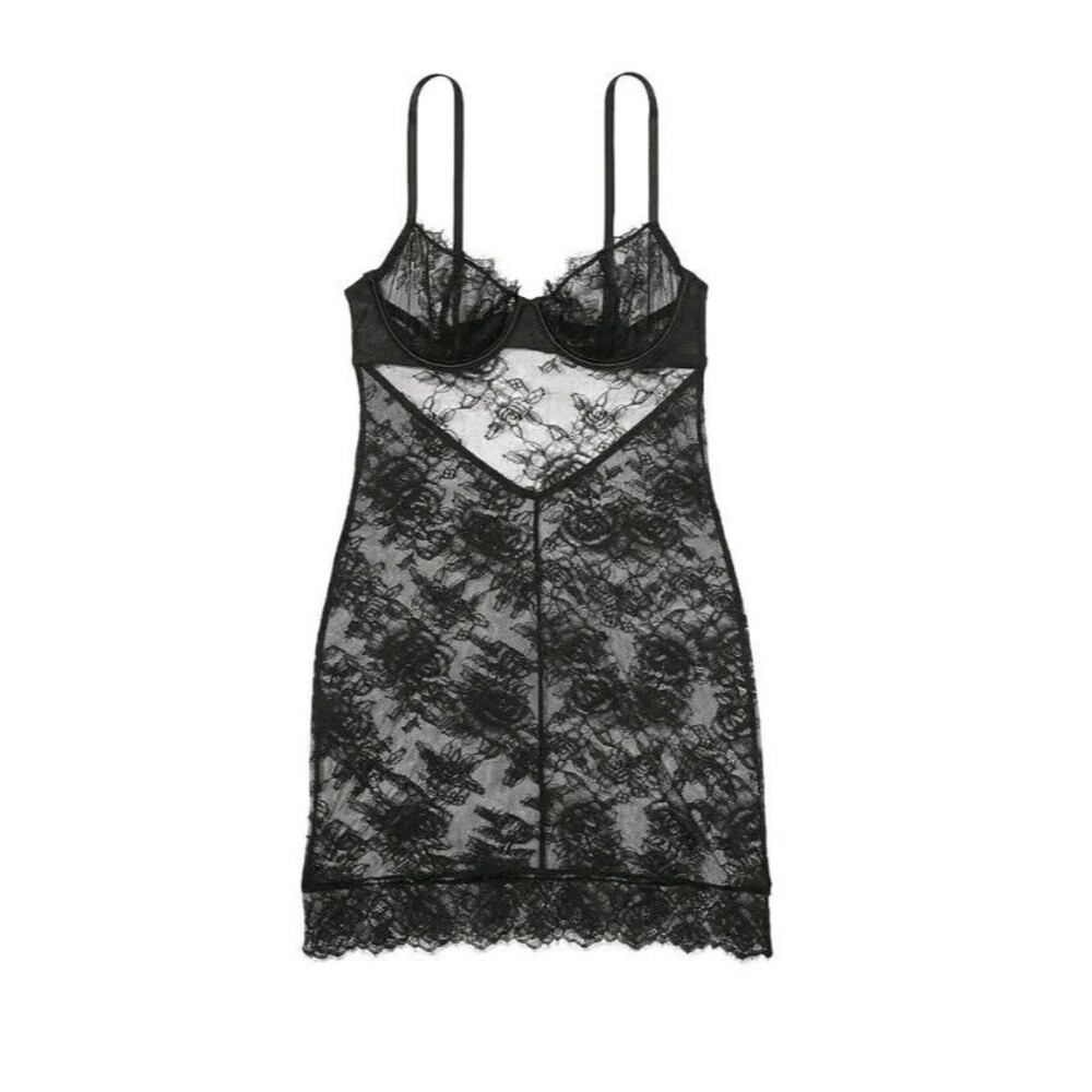 Victoria’s Secret Sexy Bustier Teddy Slip Dress Womens XL Black Lace Stretch